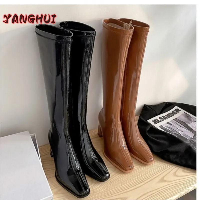 Winter New Style Pu Solid Color Square Head Zipper Women\'s Boots Fashionable Temperament Versatile High Heels Simple 35-40 Botas