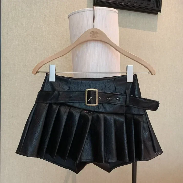 2024 New Winter Women’s Sexy 90S PU Faux Leather Skirt Short Skinny High With Belt Short Mini Pleated Skirt With Shorts Y2K