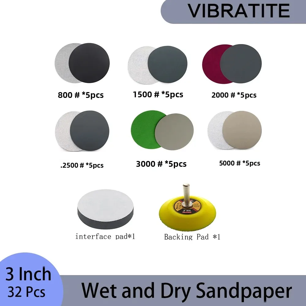 3 Inch Wet and Dry Sandpaper 32 Pcs with Soft Buffing Pad Backing Pad Assorted 800-5000 Grit Silicon Carbide for Auto Wood Metal