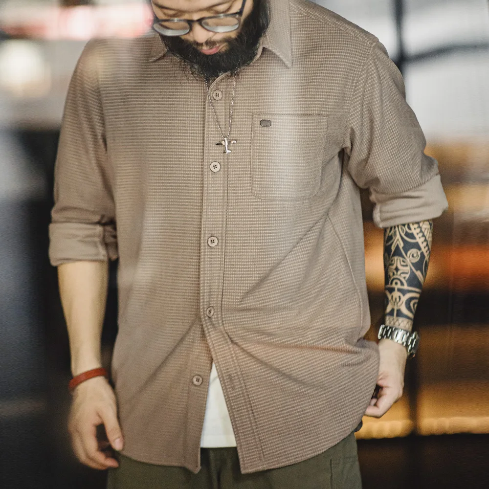 

Maden Men's Spring And Autumn Vintage Corn Kernel Plaid Shirts Lapel Solid Color Casual Long Sleeved Shirt Men Amekaji Style