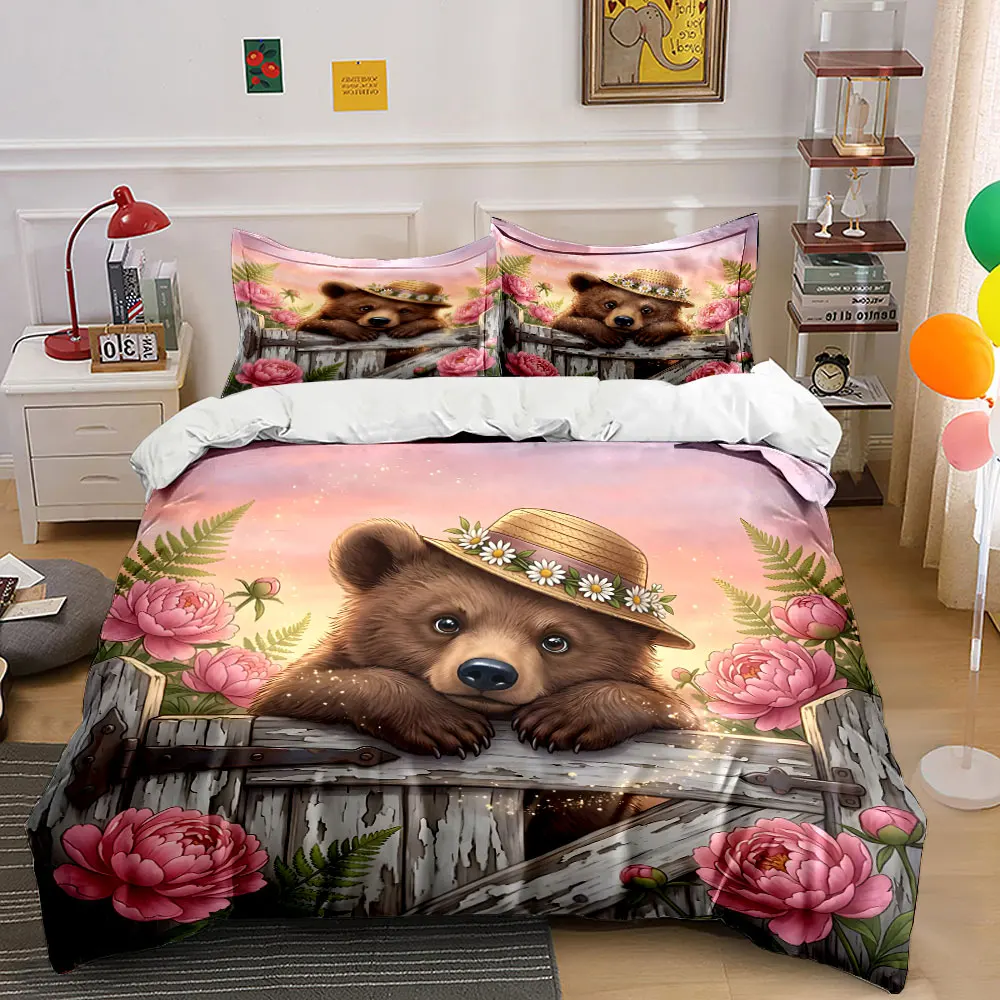 Bear at fence under sunset glow Bedding Set for Kids Luxury Gift 3pcs Digital Print Comforter Set Soft Comfortable Breathable
