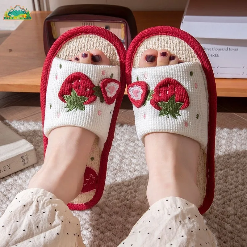 

Spring Strawberry Linen Women's Home Slippers with Soft Bottom, Quiet and Comfortable, Non Slip Indoor Slippers, Cute Sandals