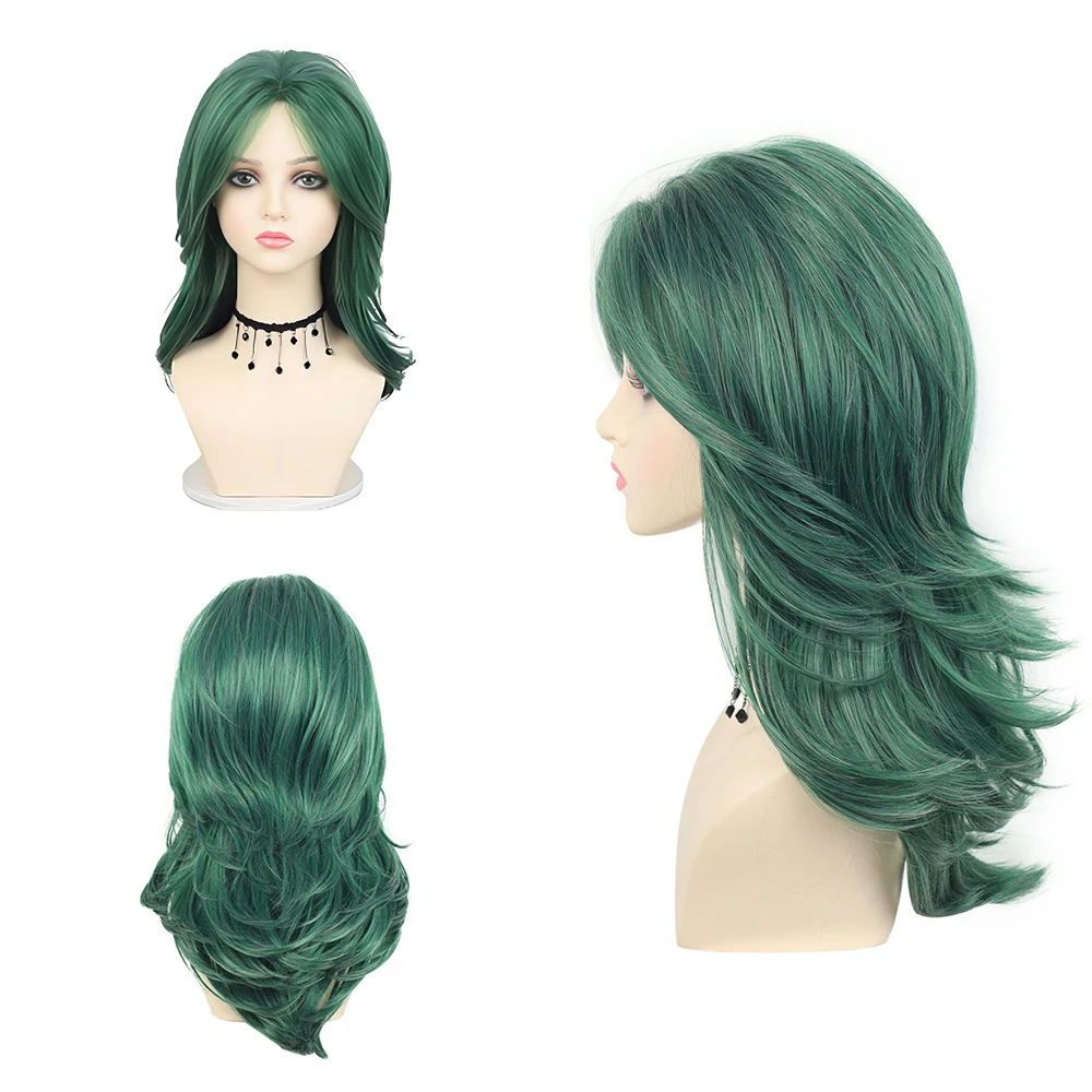 

19-дюймовый зеленый многослойный волнистый синтетический парик, подходящий для женских сценических выступлений, повседневных мероприятий, косплея, натуральный, термостойкий
