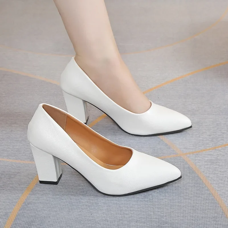 2024 Brand Shoes for Women Slip on Women's High Heels Concise Office & Career Pumps Women Pointed Toe Chunky Heels Shoes Ladies