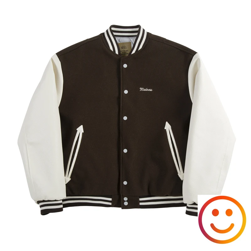 Japanese MADNESS MDNS Woolen Material Patchwork Baseball Varsity Jacket Men Women High Quality Stripe Neck Cotton Jacket Coat