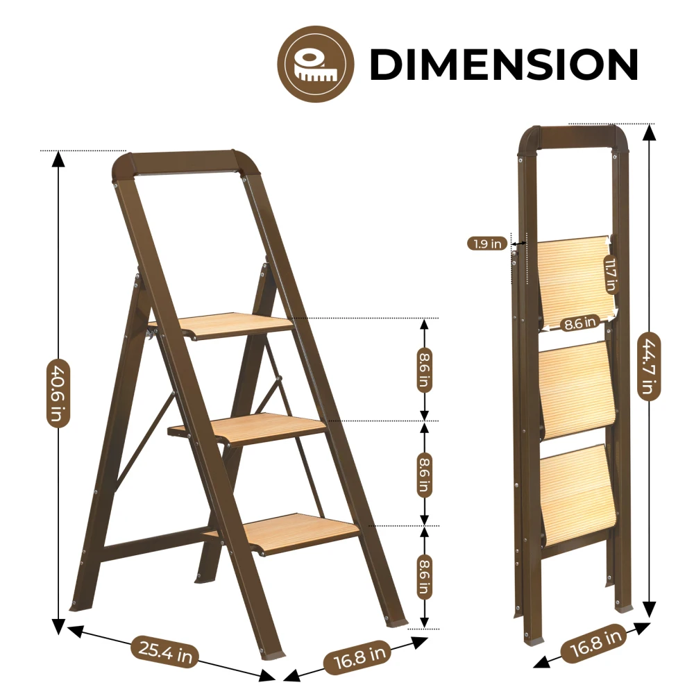 3 Step Ladder Folding Step Stool for Adults with Wide Anti-Slip Pedal, Aluminium Lightweight Foldable Step Ladders for Home