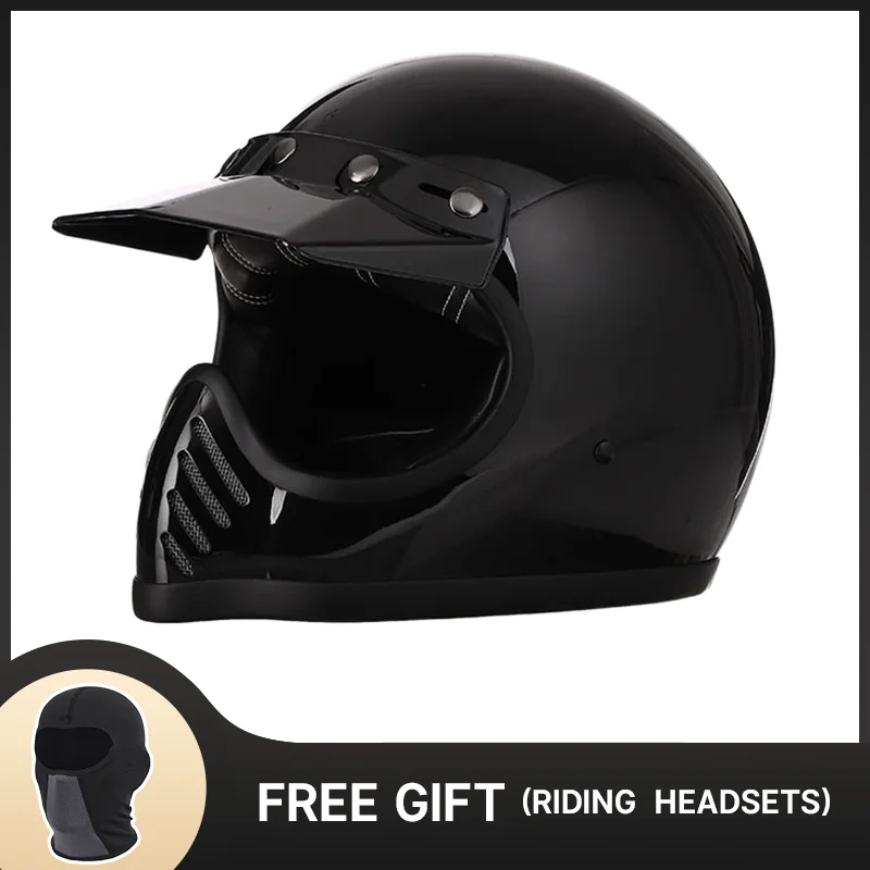 

Satety Cap Bright Black Fiberglass Mens Motorcycle Helmets Full Face Vintage Cafe Racer Helmet Moto with DOT