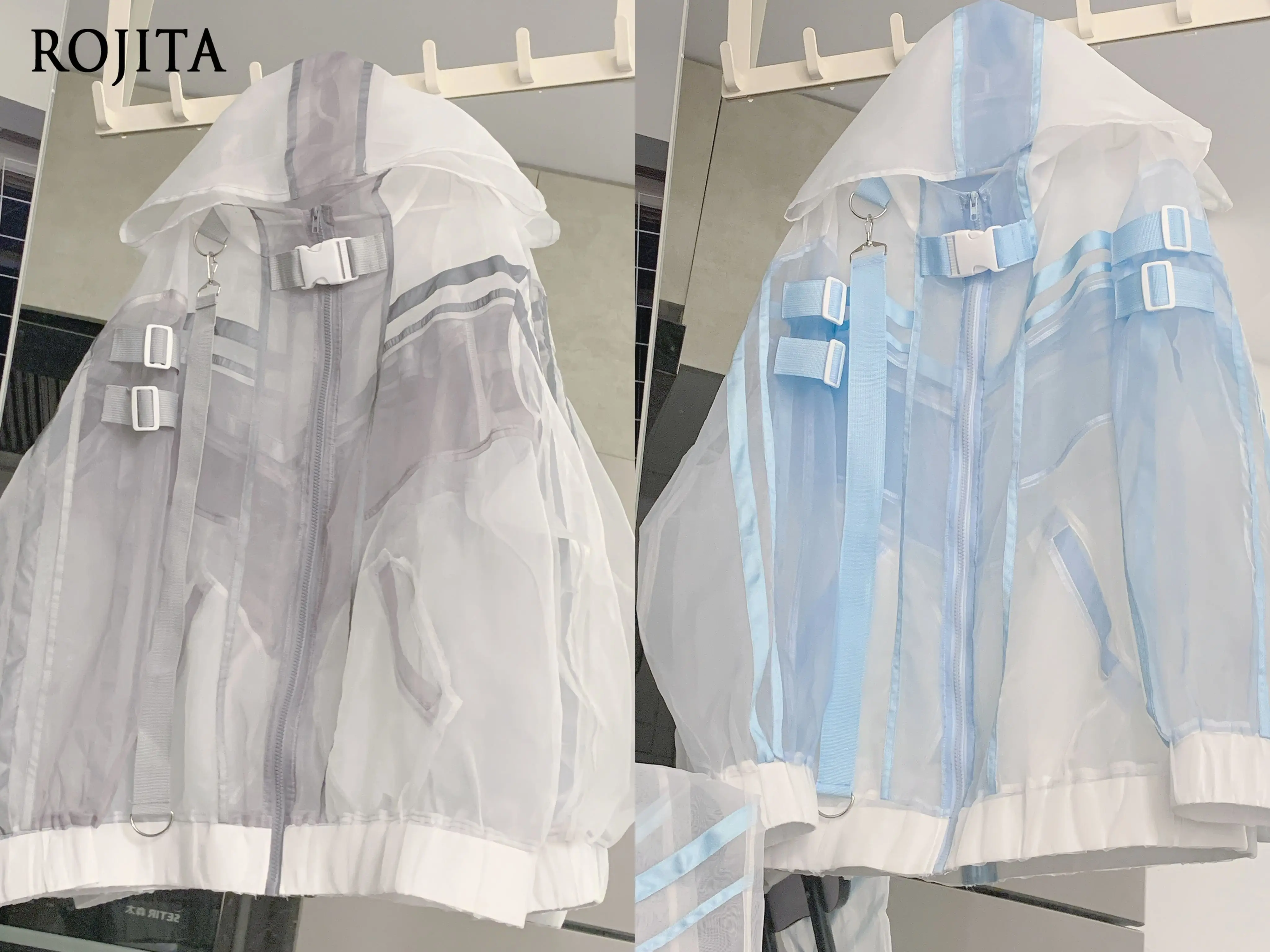 

Original Design Cyberpunk Functional Wind Organza Jacket Women Translucent Subculture Hooded Jacket Blue Non-reflective