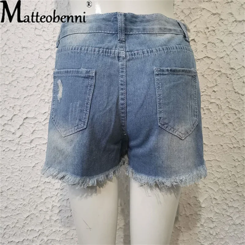 2024 Zomer Nieuwe Vrouwen Gescheurde Gerepareerd Denim Shorts Hoge Taille Bodycon Verontruste Gat Bodems Casual Zakken Sexy Korte Jeans