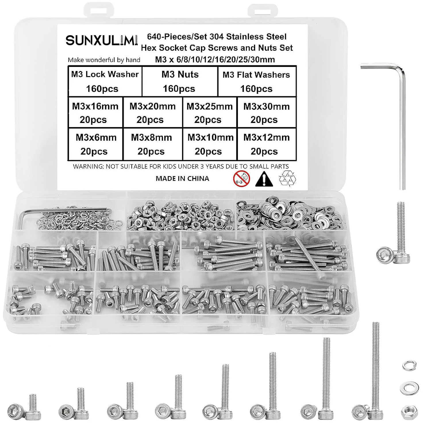 

Набор из 640 метрических болтов, гаек и шайб M3x 6/8/10/12/16/20/25/30 мм с внутренним шестигранным приводом.