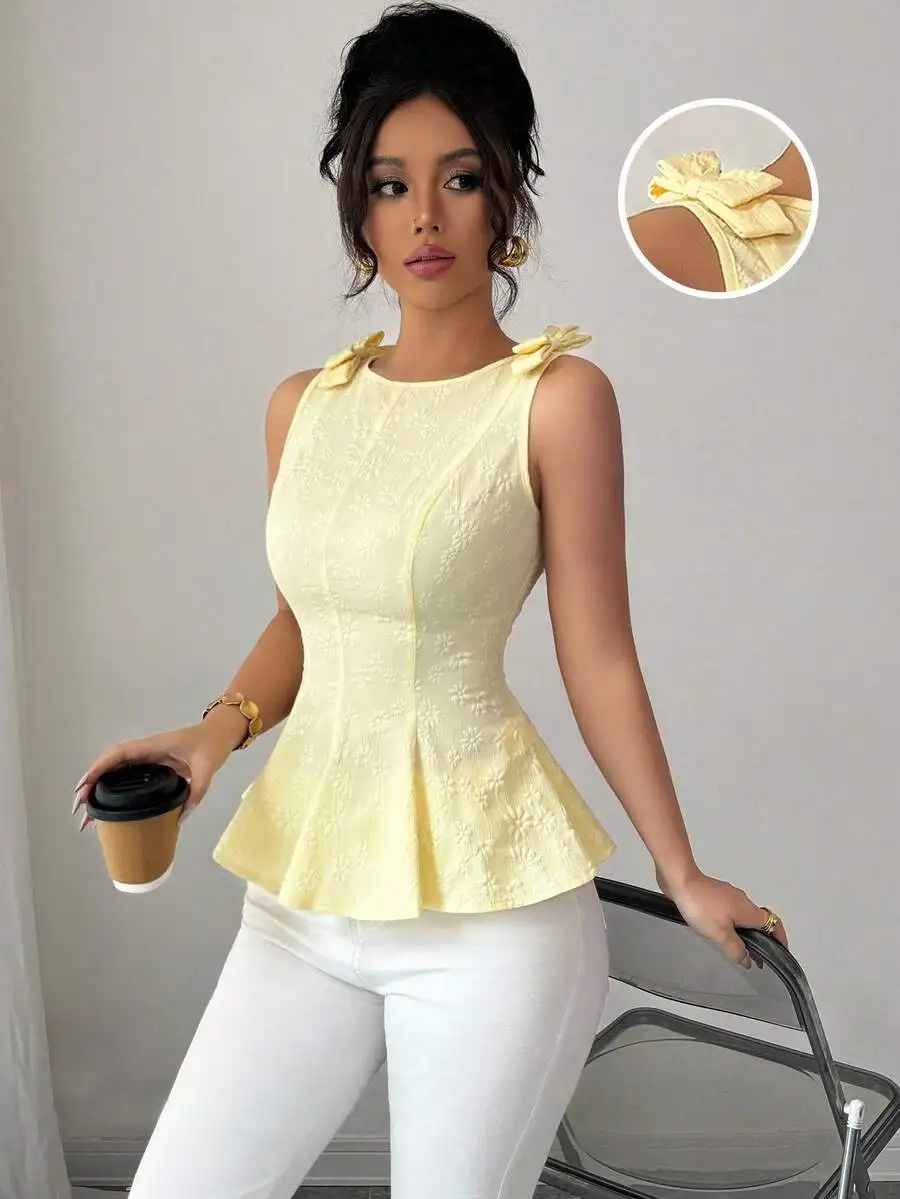 

Yellow Floral Textured Peplum Top with Bowknot Shoulder and Ruffle Hem