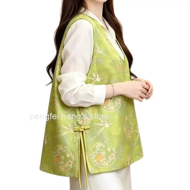 Women New Chinese Style Satin Jacquard Embroidered Qipao Vest Vintage Button Sleeveless Elegant Casual Daily Tang Top for Female