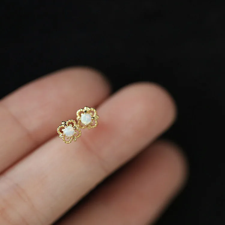 Pendientes de tuerca chapados en plata de ley S925 de oro de 14 quilates, exquisitos pendientes de ópalo versátiles con diamantes recortados vintage