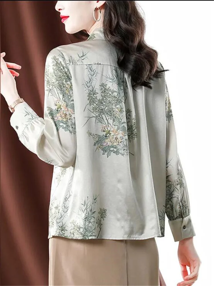 Elegant Women Silk Shirt OL Cardigan Blouse For Women Luxury Blouse Female Clothing Basic Floral Printing Top Female Satin Shirt