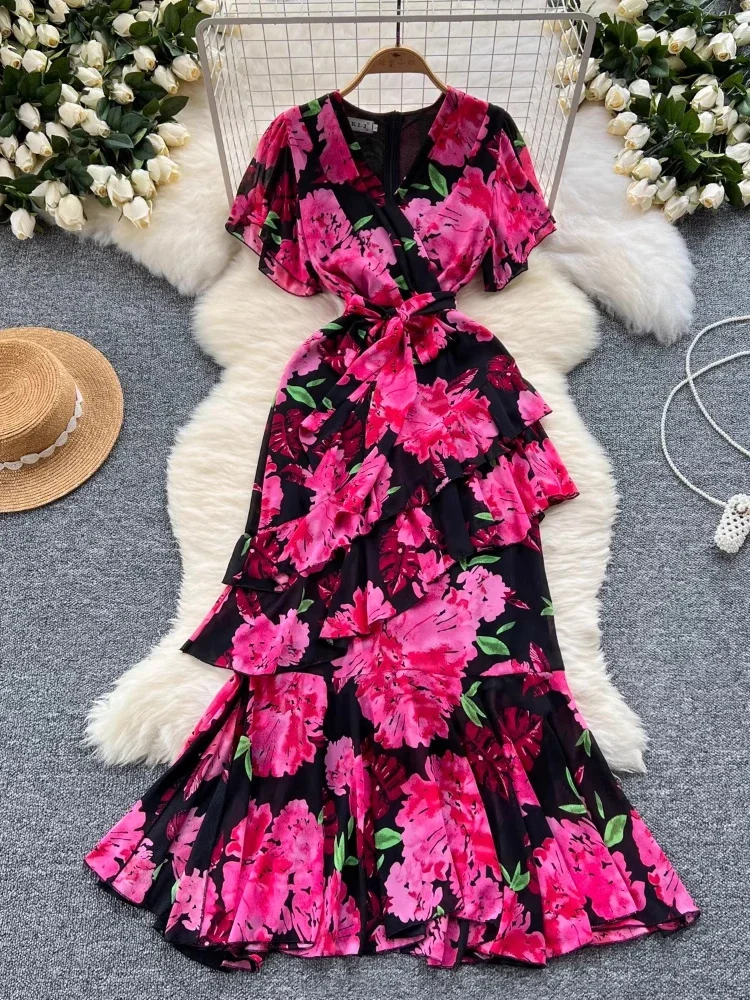 French Elegant Floral Dress Women Sexy V-neck Printed Party Dresses Ladies Short Sleeve Ruffles Layered Summer Formal Long Robe