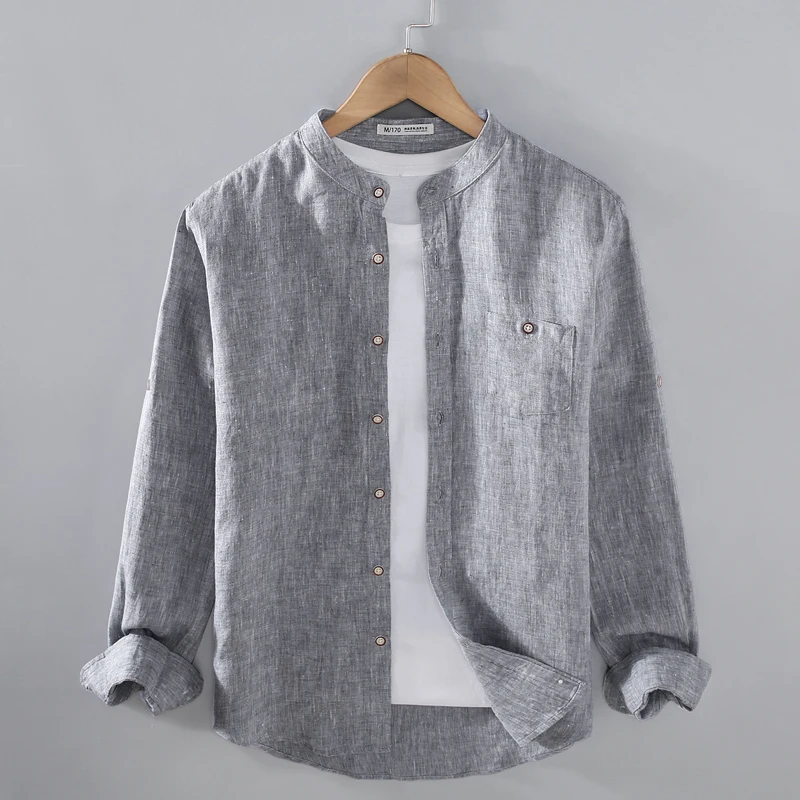 

Мужская модная одежда: Льняная рубашка с длинным рукавом, воротником-стойкой, больших размеров, из хлопково-льняной ткани, весна-лето