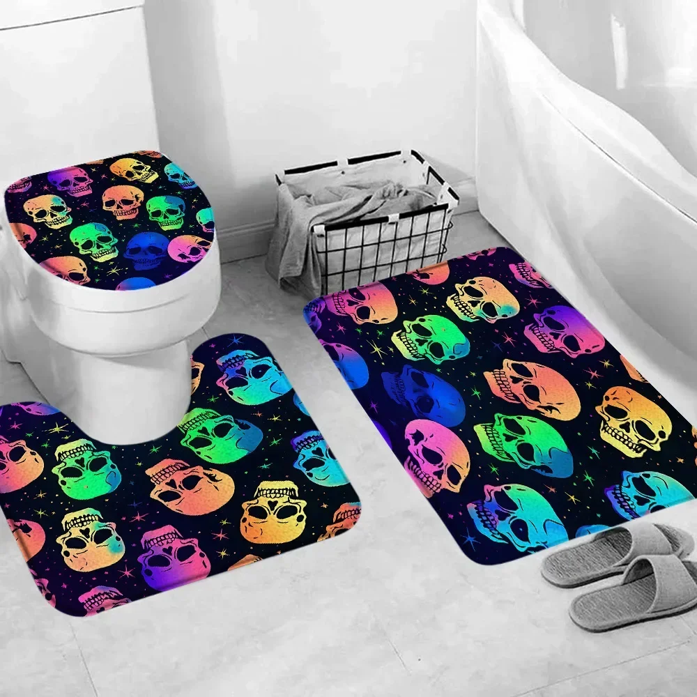 Flower Skull Autumn Pumpkin Bathroom Rug Set Horror Artist Home Footrest Bathroom Mat Toilet Cover Bathroom Decor Accessories