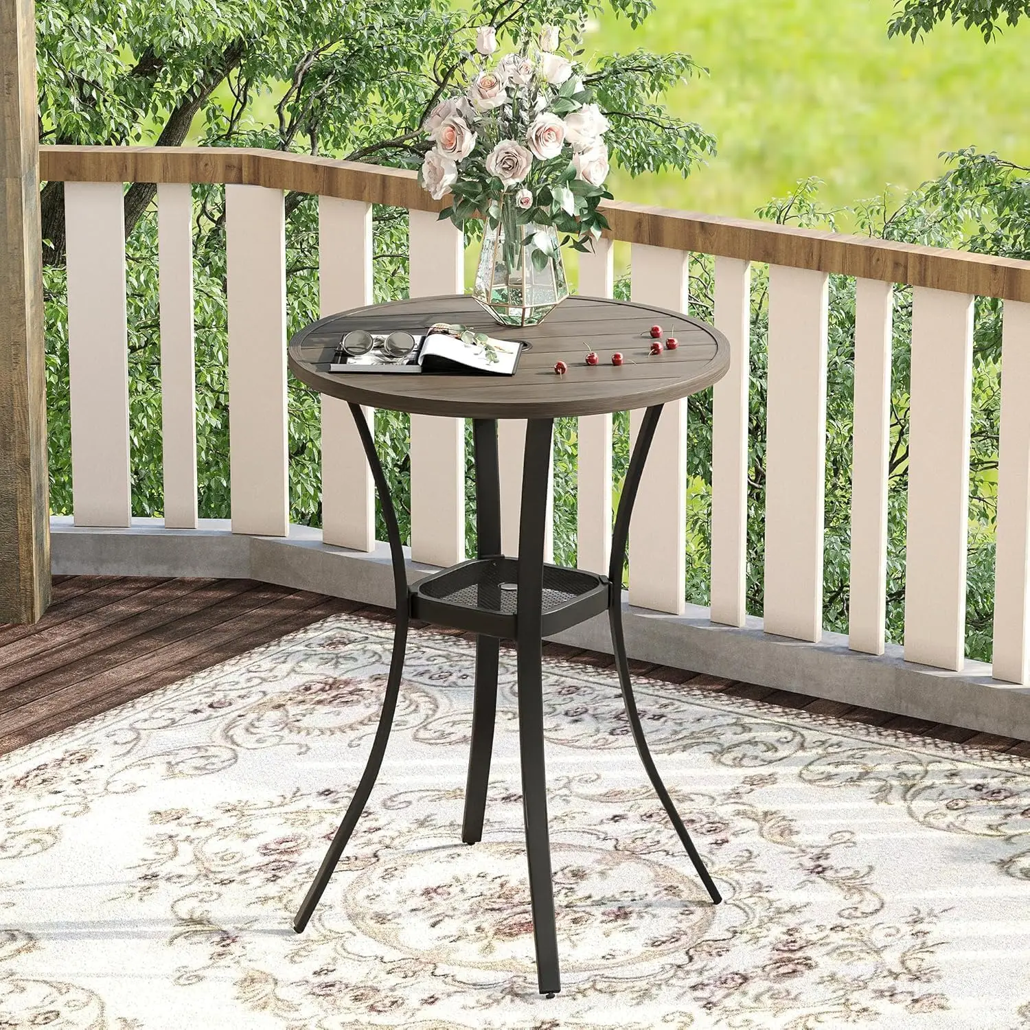 

28" Round Outdoor Bar Table with Adjustable Umbrella Hole, Counter Height Outdoor Furniture for Balcony, Grey Wood-Like