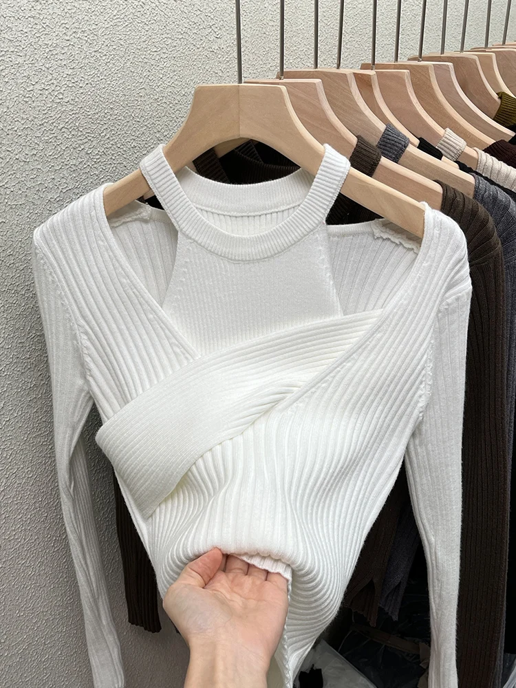 Autumn and Winter Fashion Hollow Sexy Off-shoulder Pullover Women\'s Short Top Design Stretch Sweater Knitted Bottoming Shirt