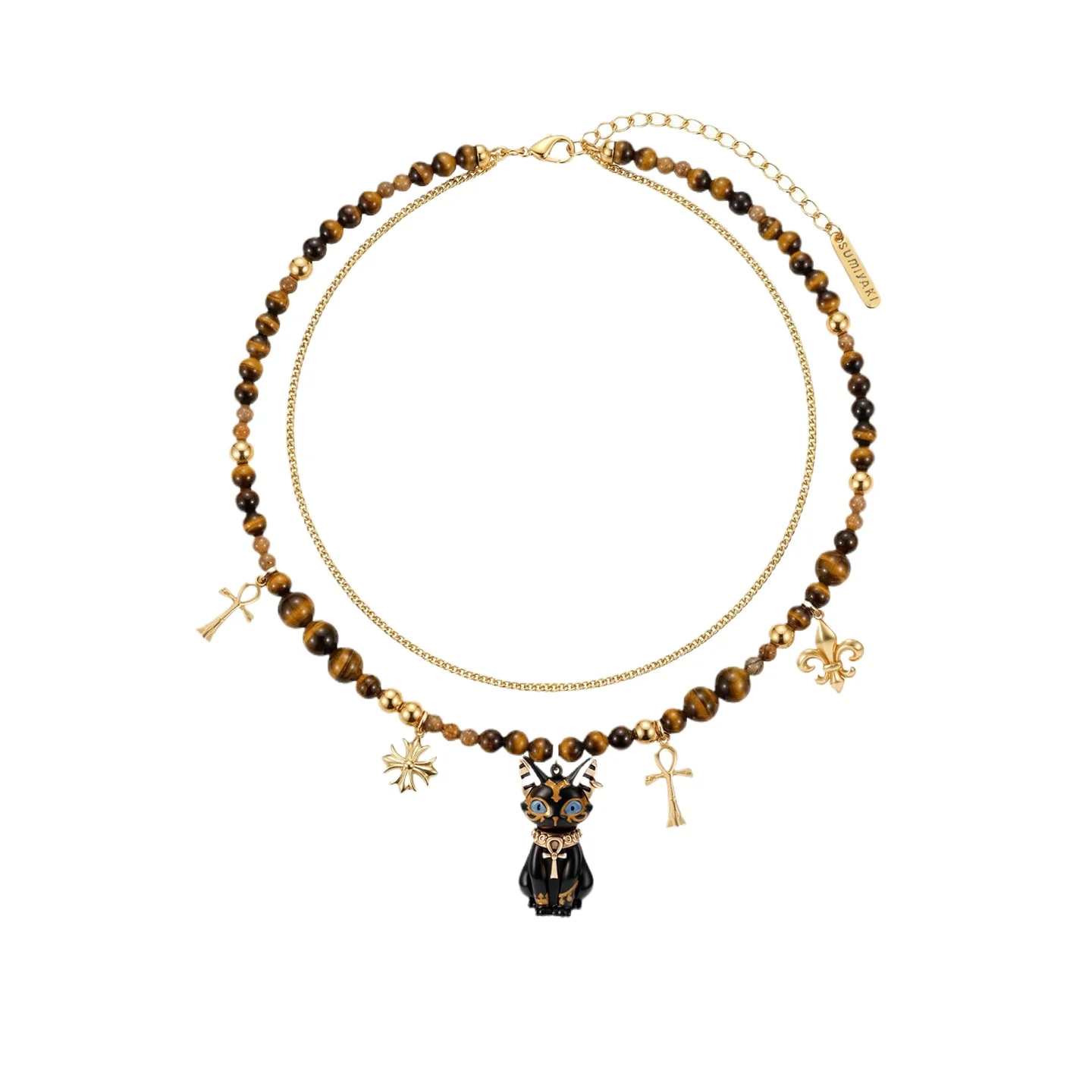 

Original Anka Eye of Life Double Necklace, Egyptian Cat Tiger's Eye Stacked Collarbone Chain