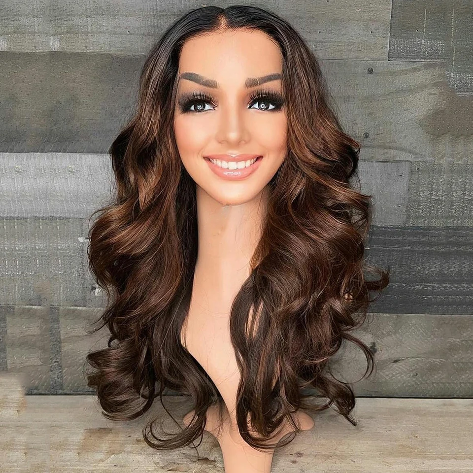 Ombre Brown 26inch 180Density 5x5 Silk Base Body Wave Preplucked Jewish Human With BabyHair HDLace Wig European Hair Glueless