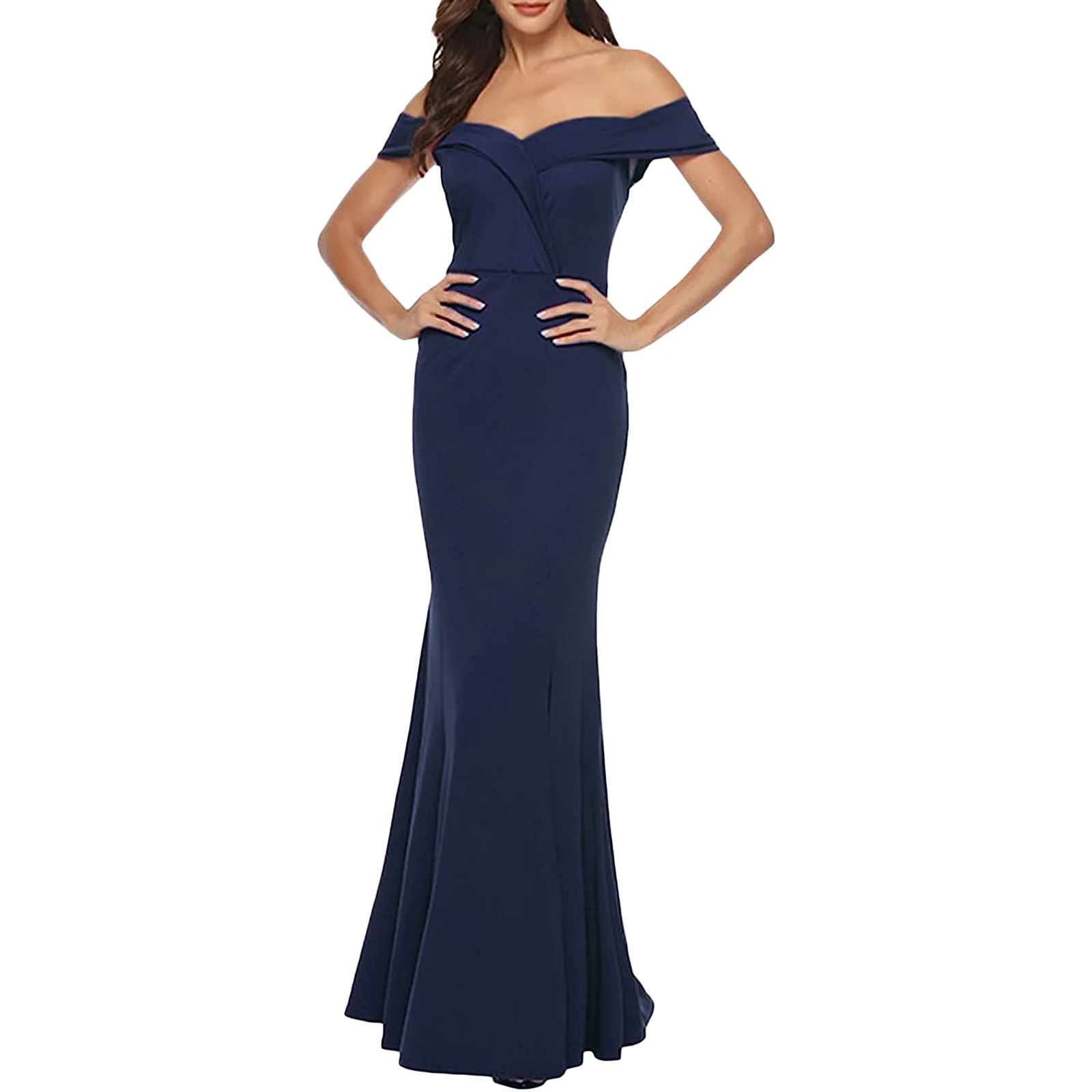 Vestido de fiesta de noche ajustado para mujer, vestido largo elegante con dobladillo de sirena, abertura alta, hombros descubiertos, Color sólido, Verano