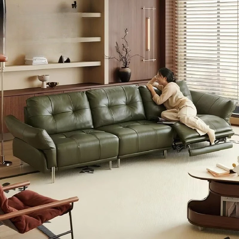 Functional semi-green leather sofa, high-end electric smart small apartment straight row simple medieval green living room