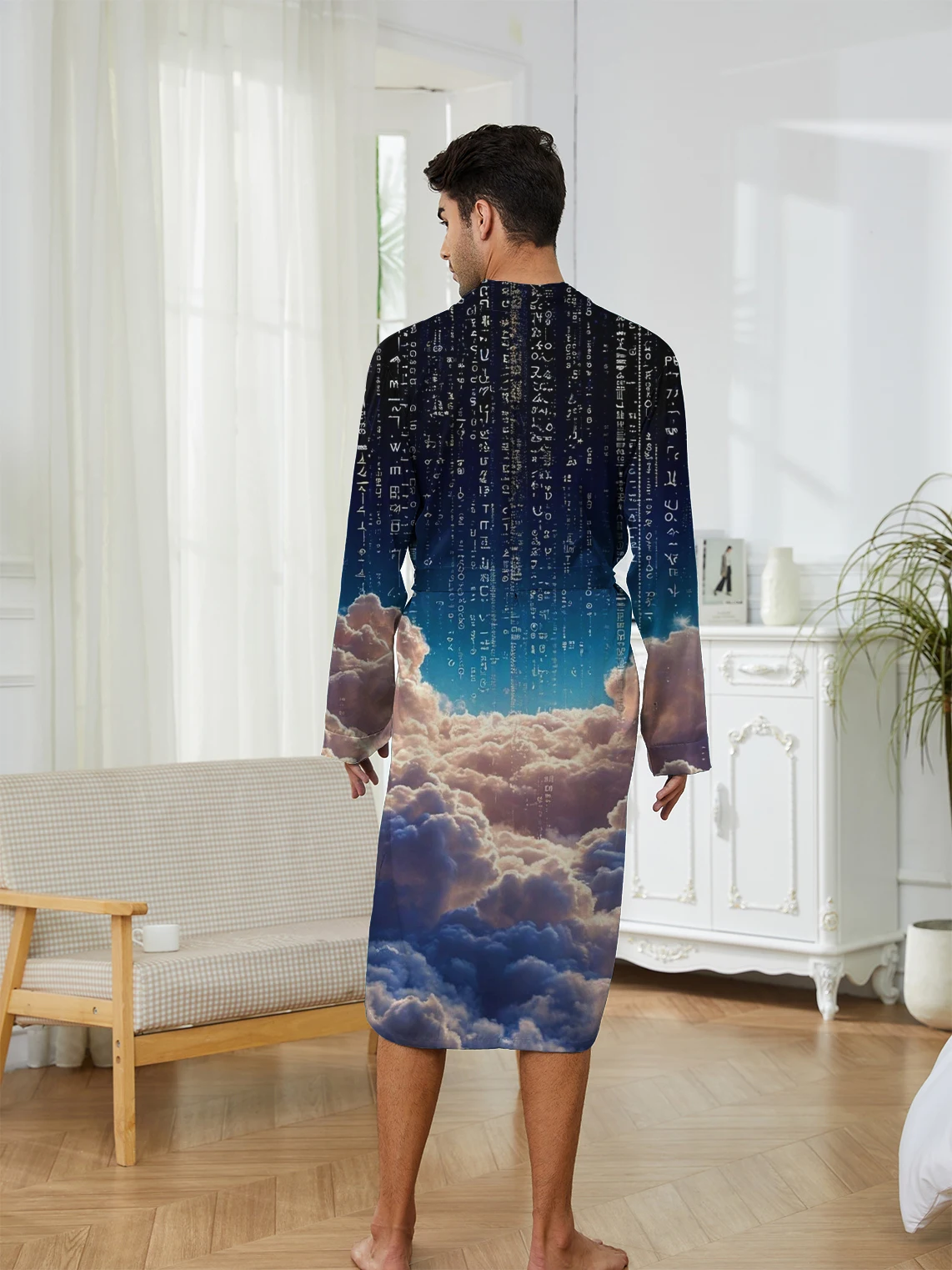Men's bathrobe with trendy digital printing and cloud based element patterns, men's casual bath robe with quick drying.