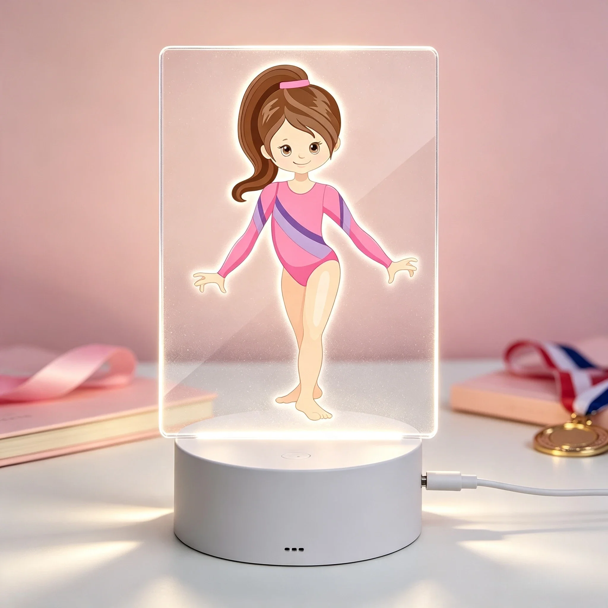 Custom Name Cartoon Gymnastics Dancer Acrylic Night Lamp USB Powered Kids Bedroom Decor,Pink Purple Leotard Gymnast Girl Custom Name Acrylic Nightlight Bedside Lamp