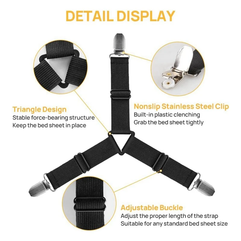 Uchwyt antypoślizgowy pasek na prześcieradło regulowane elastyczne zapięcia z żelaznymi klipsami, uchwyt na prześcieradło dla dopasowane prześcieradła, łatwy montaż