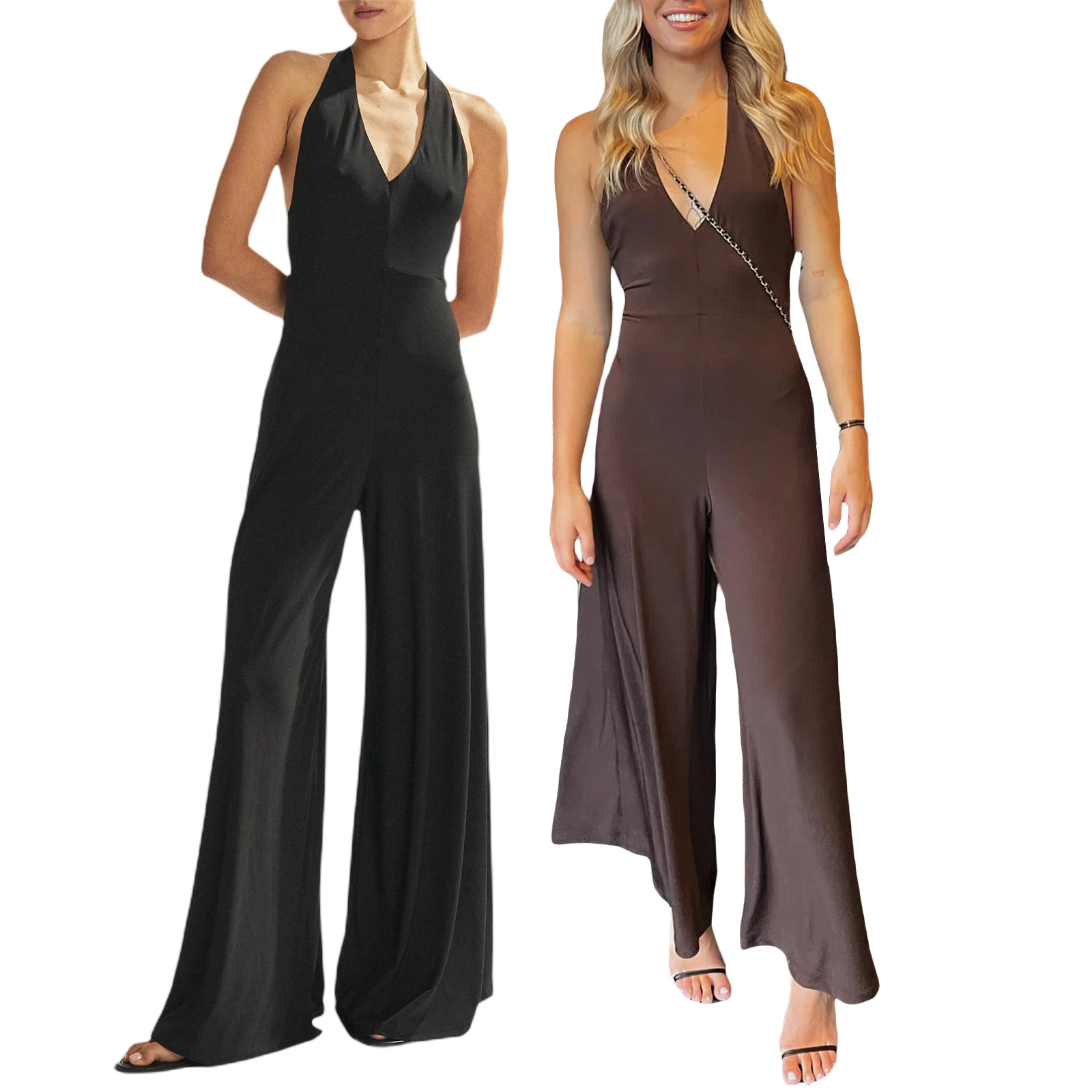 

2023 New Women's Summer Sexy Backless Jumpsuits Fashion Bandage Halter Neck Slim Solid Color Casual Wide Leg Pants Jumpsuit