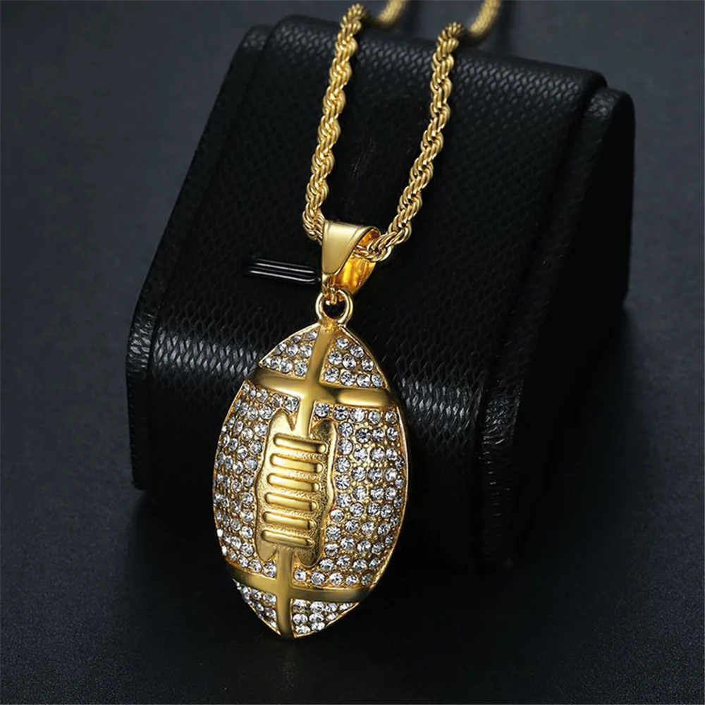 

Mens Necklaces Hip Hop Rapper Gold Color Iced Out Bling Football Pendant Stainless Steel Rope Chain Dropshipping