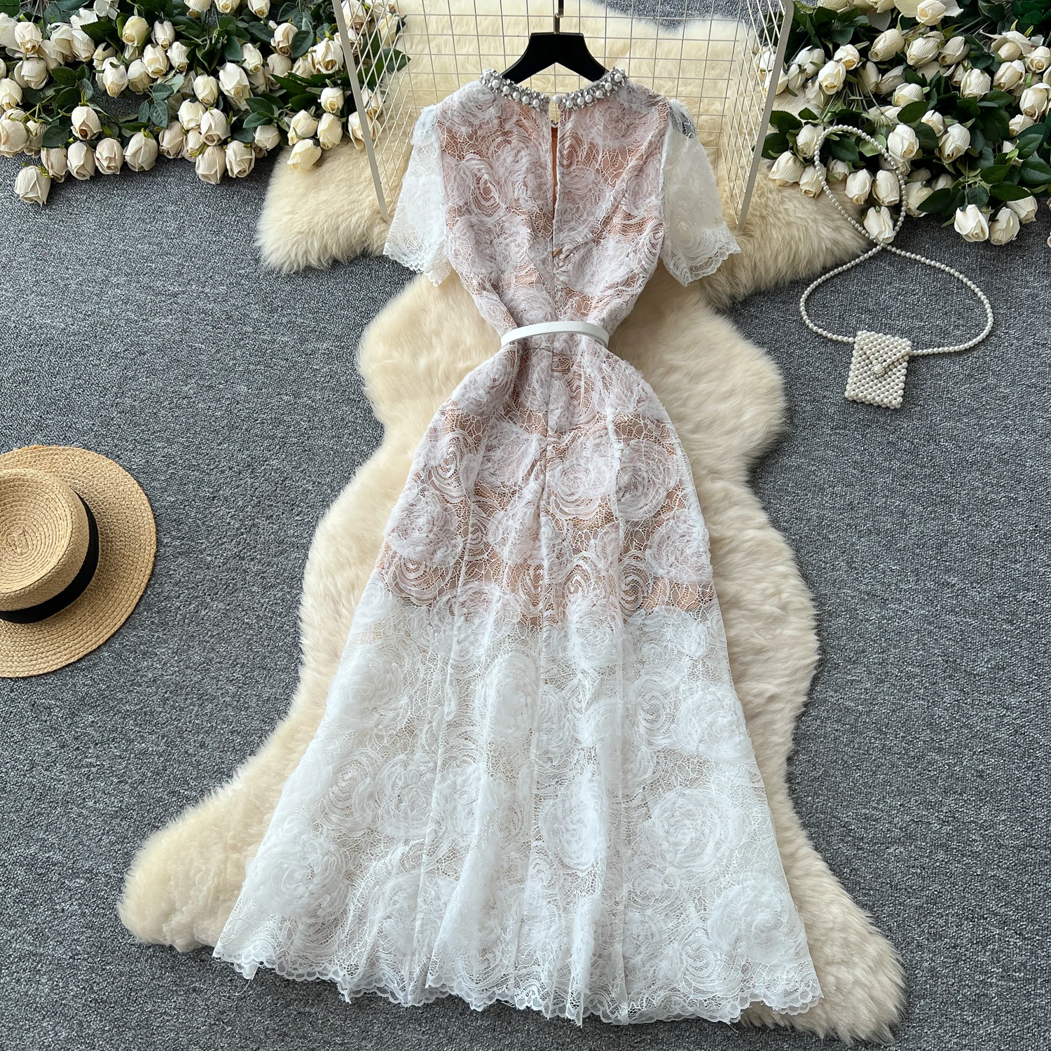 หรูหราชุดราตรีเย็บปักถักร้อยลูกไม้ชุดยาวผู้หญิงเพชรประดับ SHEER คริสตัลแขนสั้น MIDI Fishtail ชุด 2025
