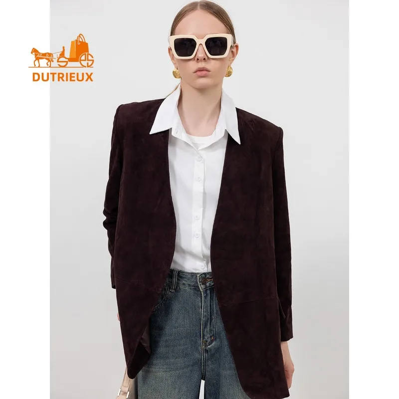 

New Autumn Women's Suede Suit V-neck Genuine Leather Jacket, 100% Real Sheepskin, Elegant and Fashionable Slim Fit Women's Coat