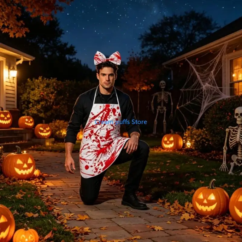 50LE Halloween Party Apron with Red Blood Print, 55 X 73 Costume Apron and Easy Waist Tie Design for Photos