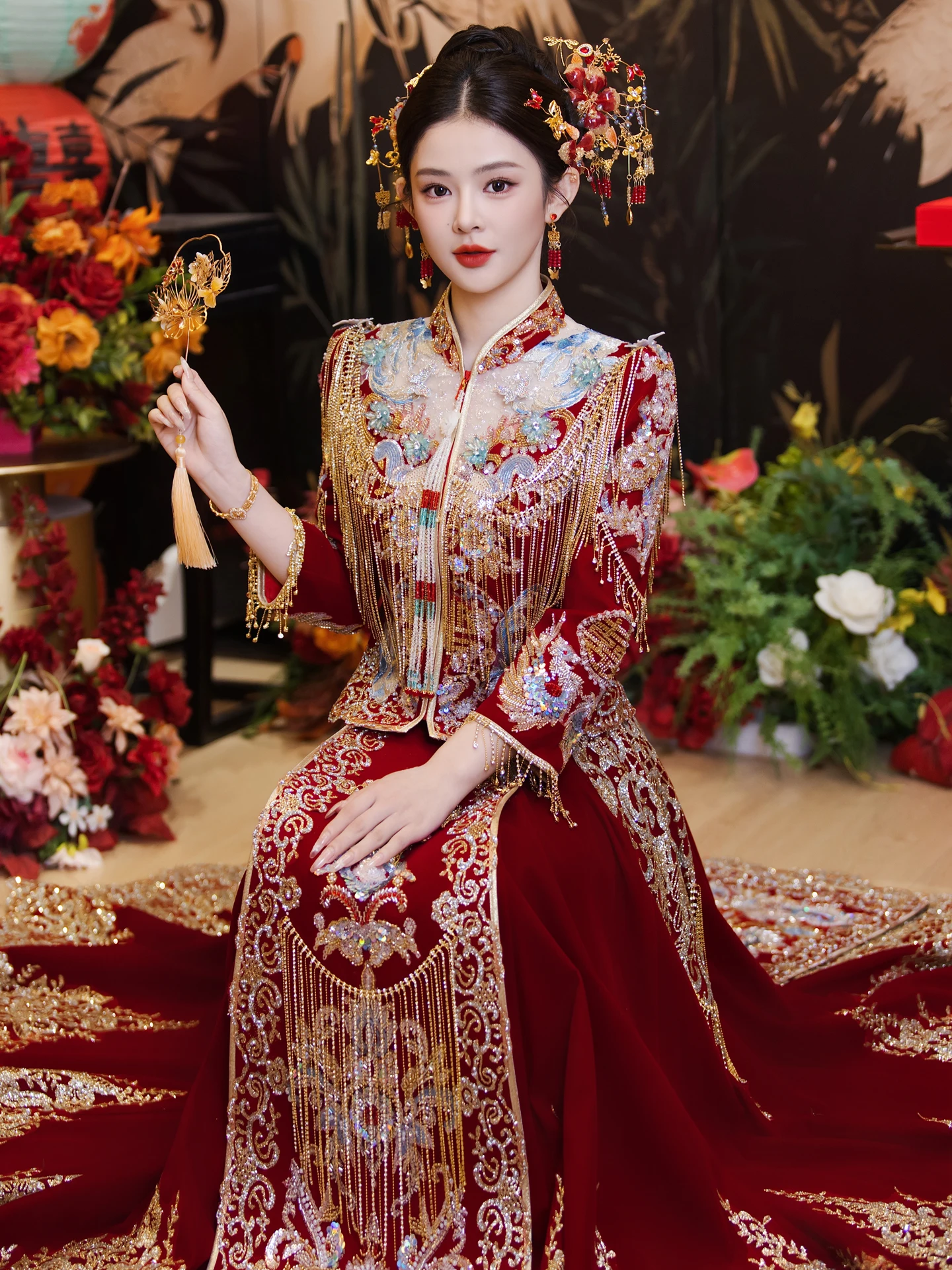 Heavy Industry Velvet Xiuhe Clothing Wedding Clothes New and Gown Chinese Bride a Chaplet Robes