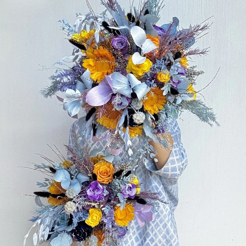 Starry sky blue purple immortal flower round large bouquet high-end home flower arrangement sunflower palm rose real flower