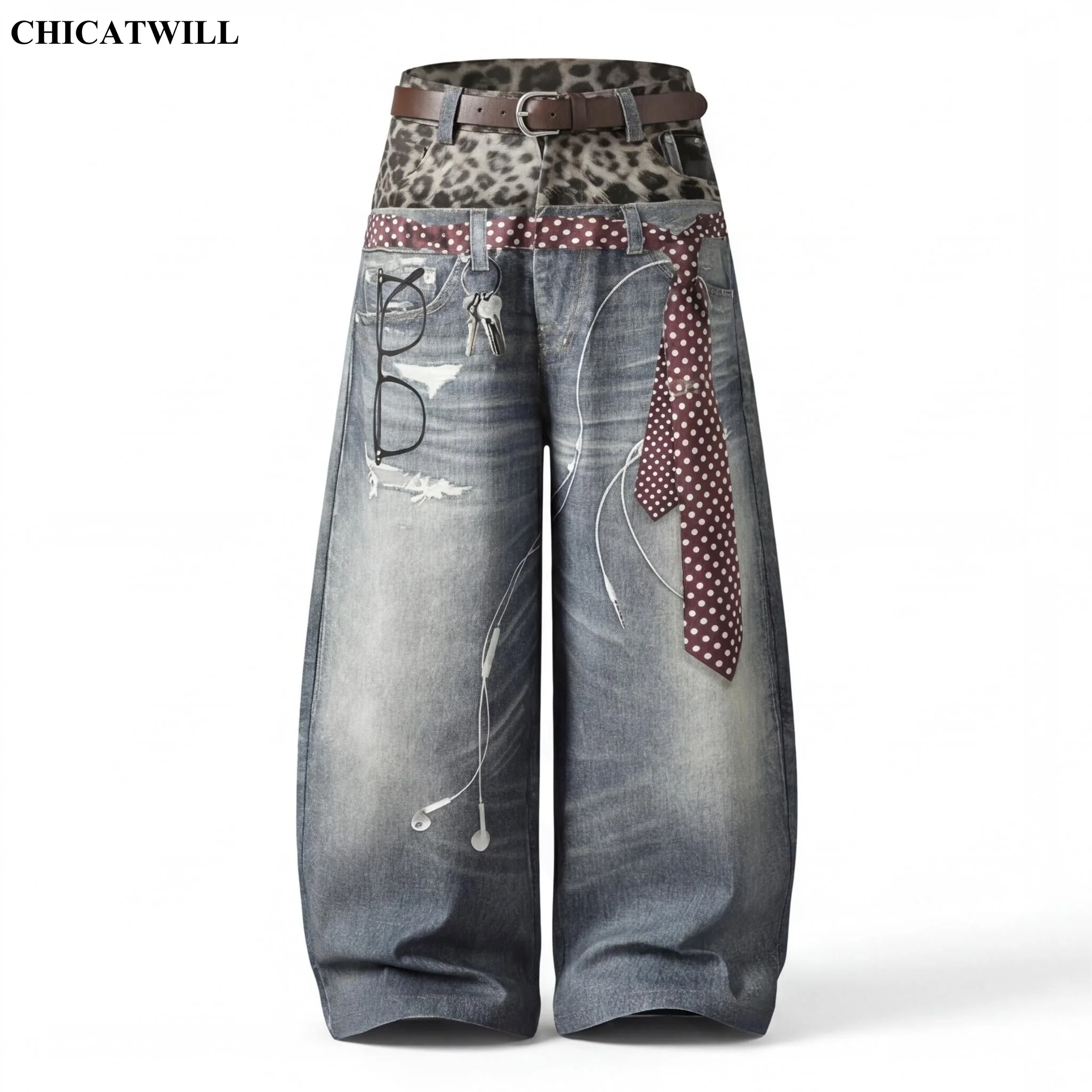 

CHIC New Street Funny Pattern Print Straight Denim Jeans Women Cool Casual Pants For Men Trendy Loose Wide Leg Trousers Unique