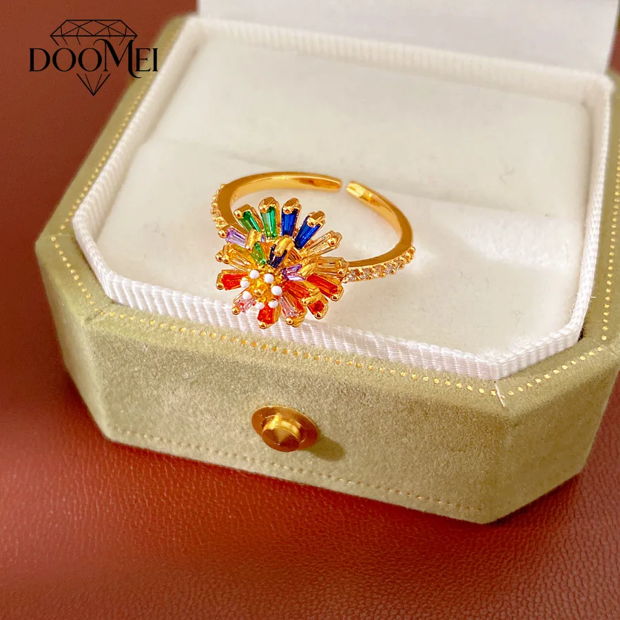 DOO MEI Shiny Gold Color Floral Open Ring for Women Rainbow Multi Color Crystal Adjustable Band Ring Prom Evening Jewelry