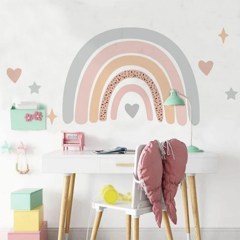 Pegatina de pared de acuarela para decoración del hogar, calcomanías de vinilo extraíbles de colores Beige, rosa, arcoíris grande para guardería