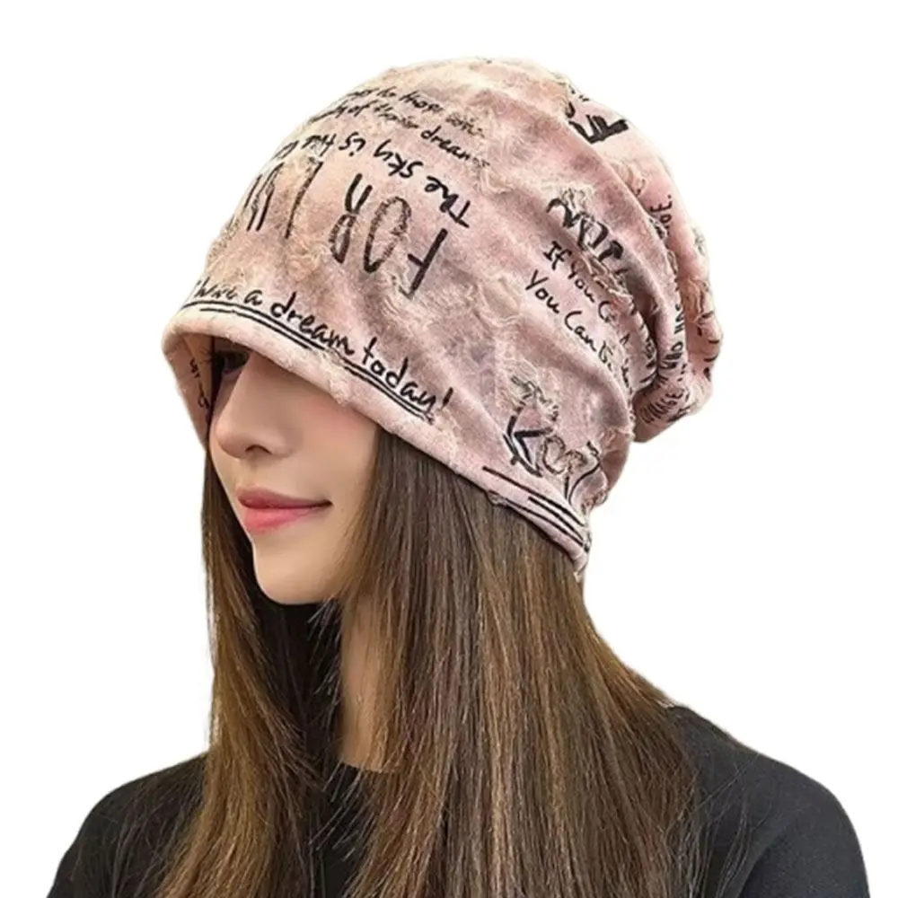 Distressed Thin Bonnet Letter Print Beanie Warm Wasteland Style Vintage Beanie Casual Loose Pullover Hat Unisex