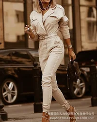 Women Jumpsuit Solid Overalls Long Sleeve Elegant One Piece Streetwear 2024 Turn Down Collar New Female Rompers Office Lady