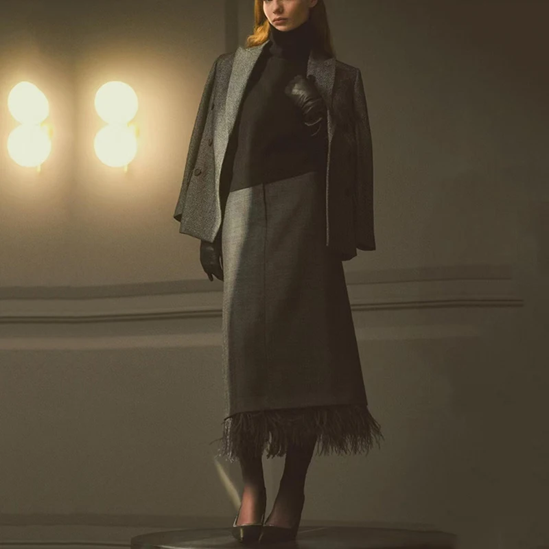 Women\'s Wool Blazer + High Waisted Hip Half-body Skirt, Fashion Feather Suit, High Quality Top Skirt, Fall, New, 2024,y2k