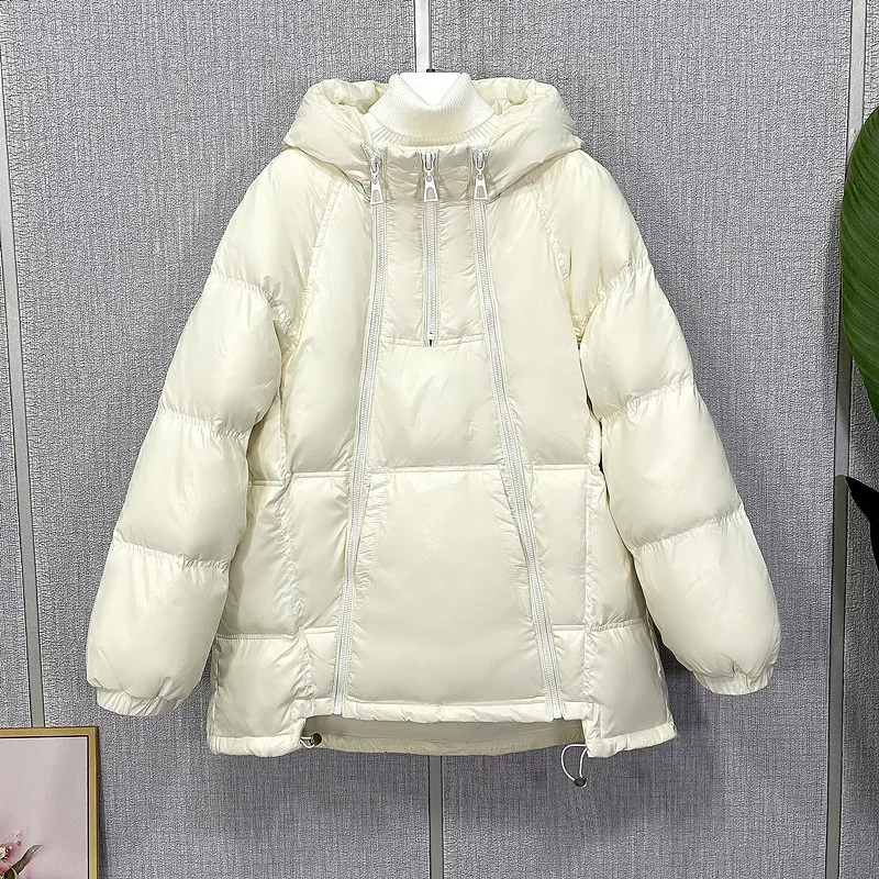 

2023 New Pullovers Down Coat Korean Women's Solid Hooed Loose Thicked White Duck Down Warm Coat Ladies Zipper Short Jacket