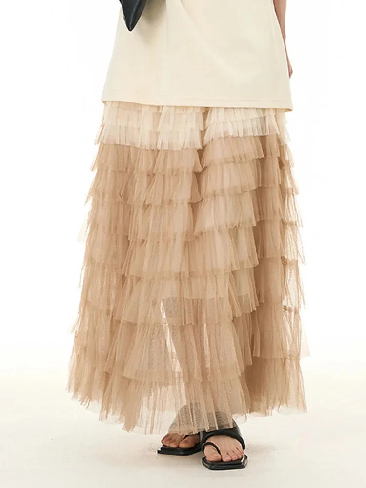 

Women's A-line Long Skirt High Waist Color Block Layers Handmade Splicing Mesh Skirts 2025 Spring New Fashion 2DC1239