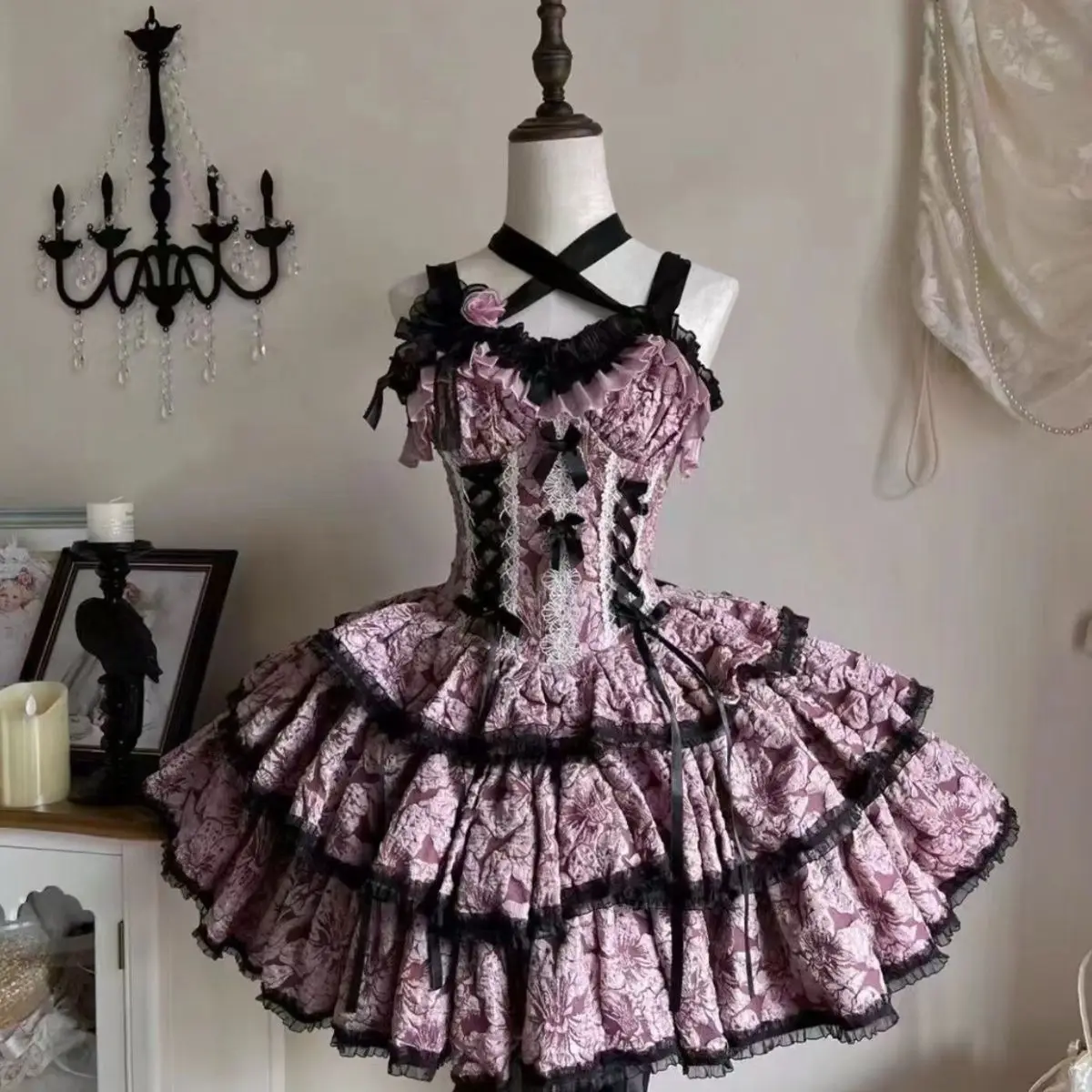 Korea Three-stage Lolita Dress Goth Puff Sleeve Y2k Bandage Lace Trim Party Gothic Mini Dresses Ruffles Woman\'s Dress Vestidos