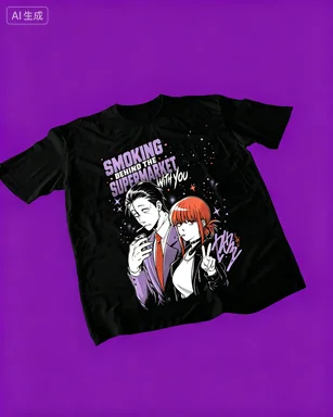T-shirt unisexe décontracté en coton à manches courtes avec motif de couple anime You2026, thème Fumer derrière le supermarché, pour fans de manga