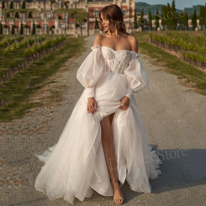 Robes de mariée princesse A-ligne Boho, appliques en dentelle, manches bouffantes, robe de mariée élégante, tout ce qui est initié