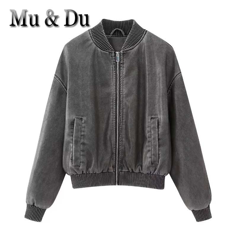 Mu&Du 2023 Autumn Women Faux Leather Stand Neck Short Worn Out Style Bomber Jacket Female Vintage Loose High Waist Coats Outwear