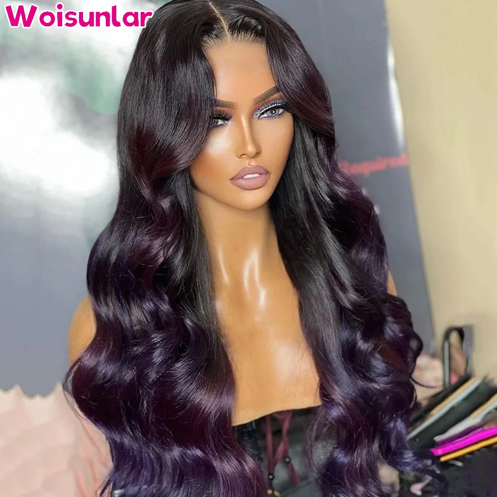 Perucas de onda corporal para mulheres, cabelo humano, frente renda transparente, destaque, preto e roxo, 13x6, 100%